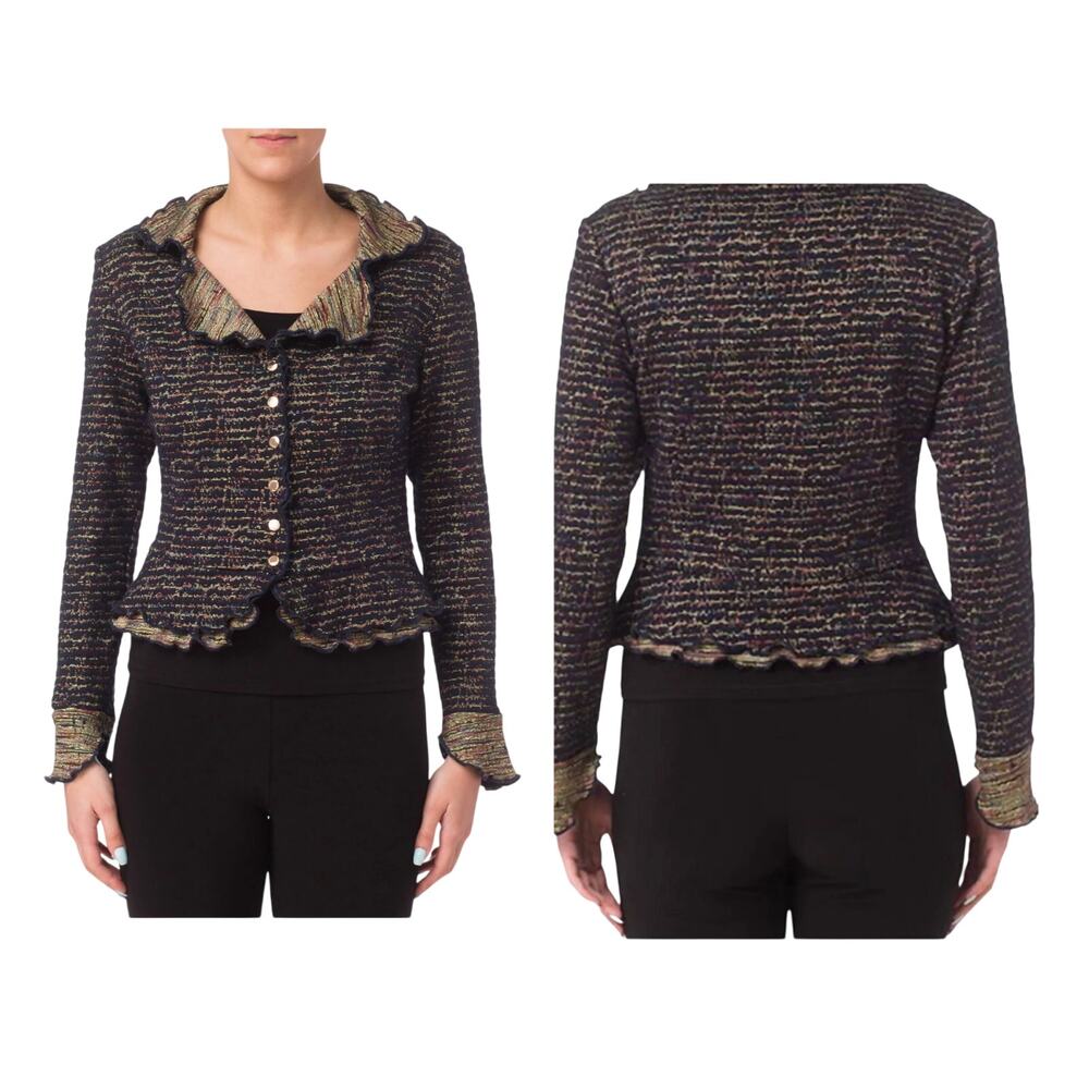 Joseph Ribkoff  Jacquard Knit Blazer/Swacket Ruffle Lapel Snap Jacket size US 10